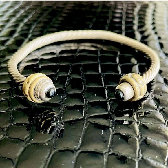 TAXCO Mexico Onyx Sterling Silver & Brass Cable Classic Cuff Bracelet - Picture 1 of 10